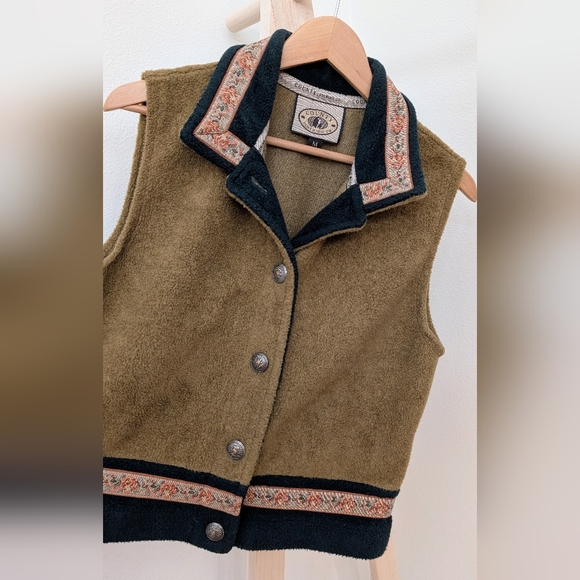 Vintage 90's Floral Trim Sleeveless Button Front Vest In Tan/Forest Green - Picture 5 of 10